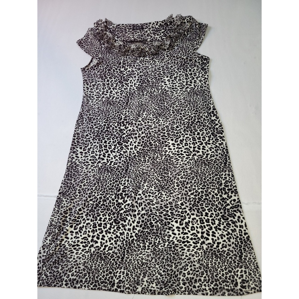 MSK Womens Leopard Print Ruffle Neck Sleeveless Shift Dress Grey Black XL 2210